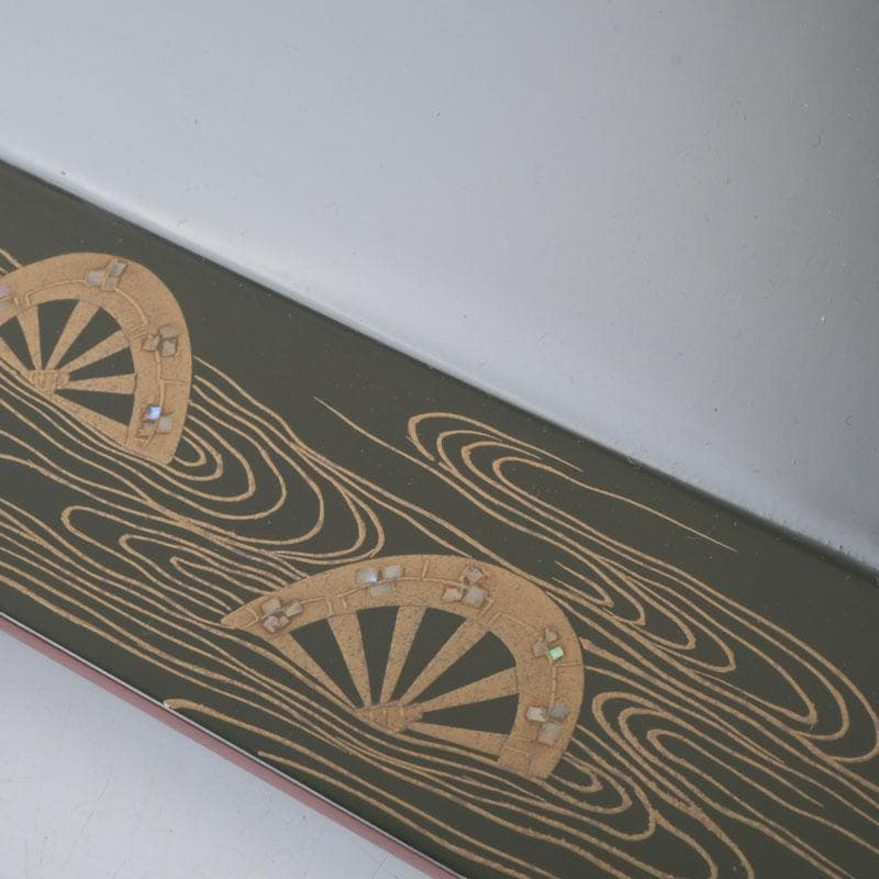 和食器　茶懐石　山中塗　辻石斎作　螺鈿装飾　片輪蒔絵　四方盆　共箱　N　9855