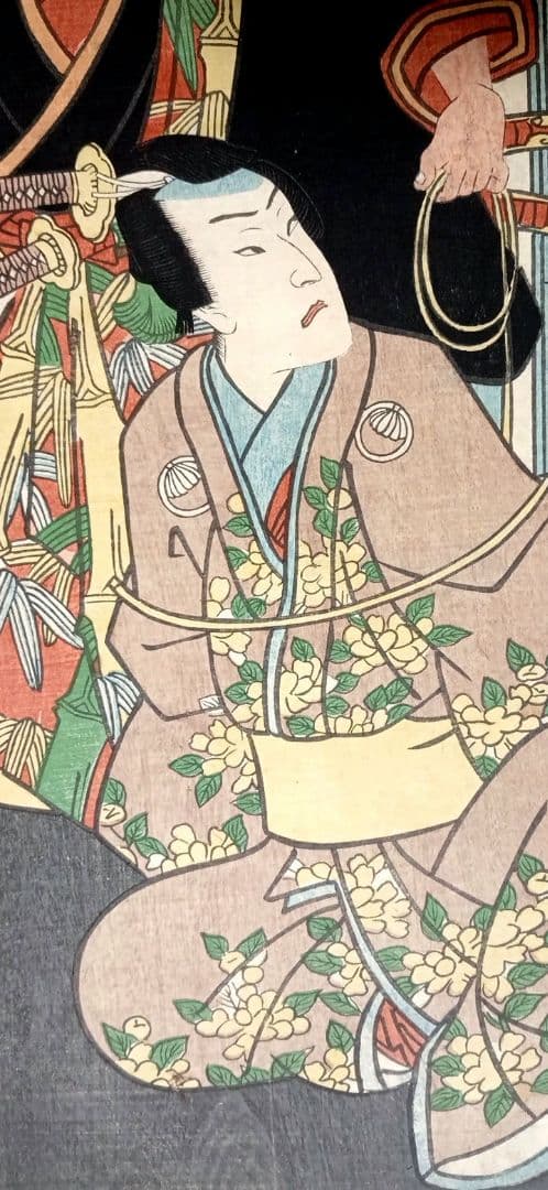 浮世絵版画、祇園祭礼信仰記（役者絵)三枚綴り、歌川芳虎画、文久2年出版