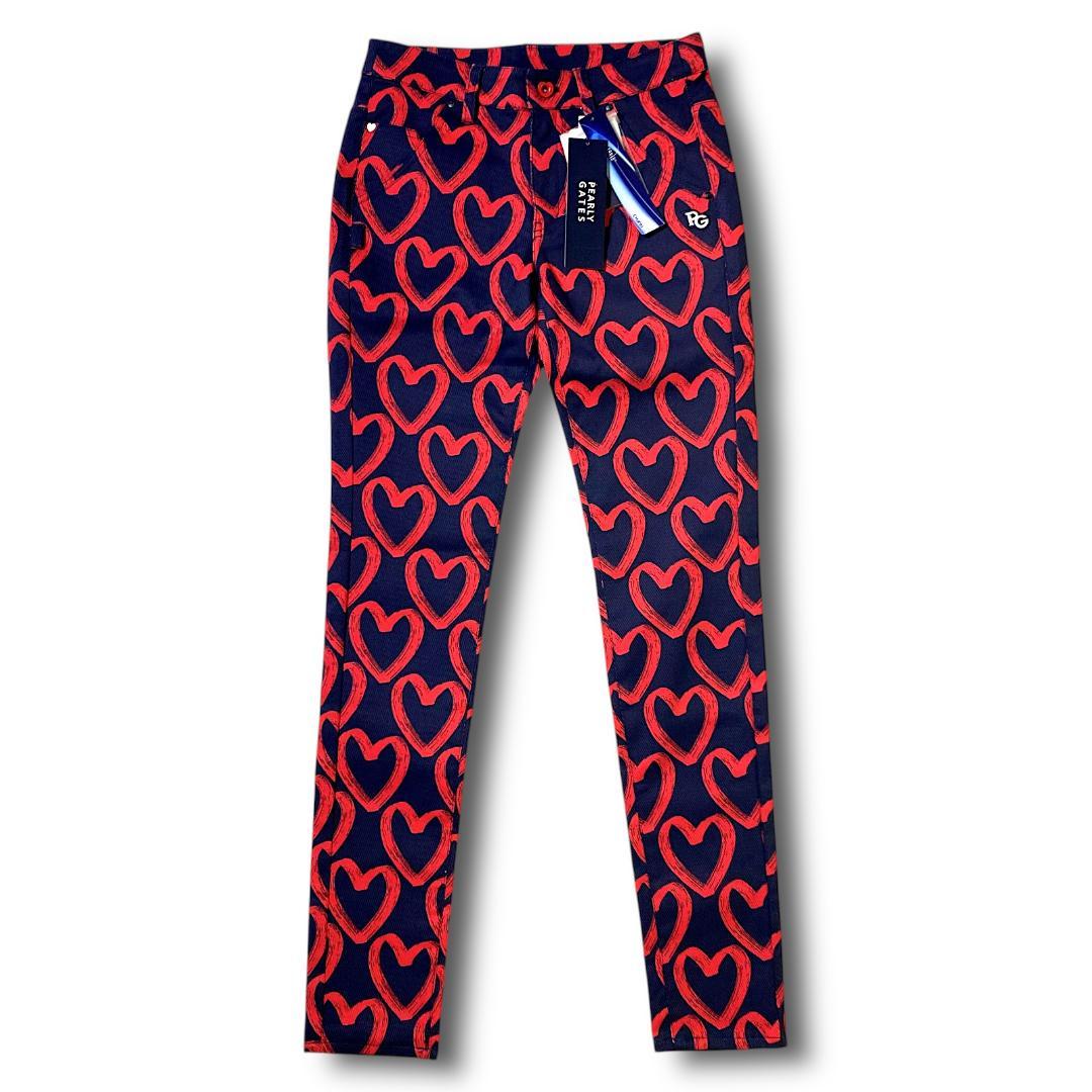 定31900円 1 パーリーゲイツ 落書きハート柄 ストレッチ ロングパンツ 紺