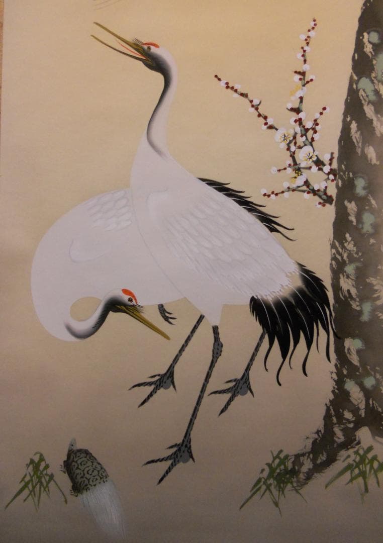 掛け軸 小栗春峰 松竹梅鶴 絹本 希少 軸装 茶道具 掛軸 美品 です。