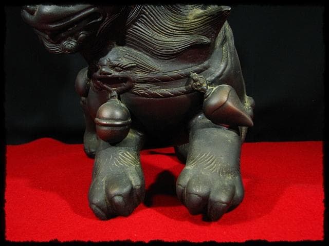 大型 銅獅子 玉乗 置物 c536