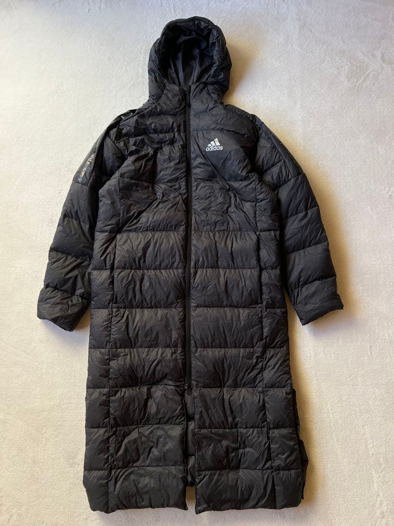 adidas アディダス M ベンチコート ダウン黒ブラック ロング丈 サッカー