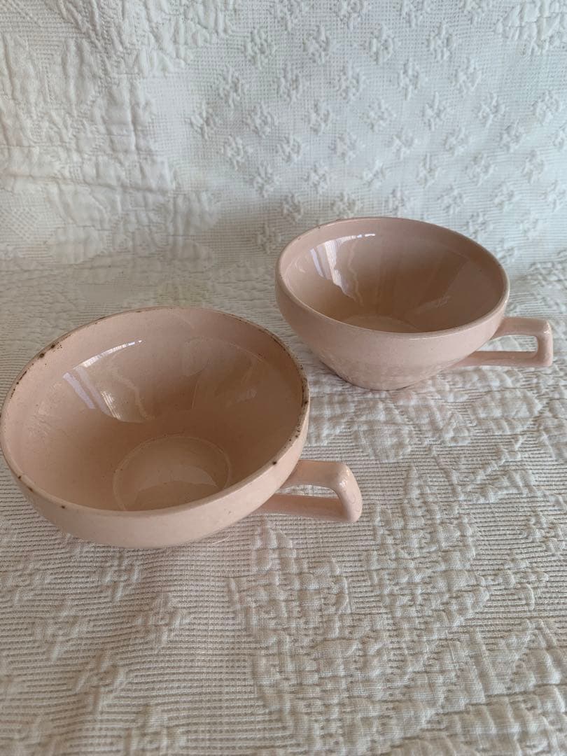 フランスアンティークサラディエ＆カップ2個・ドイリー＆カフェカーテンクロス計5点