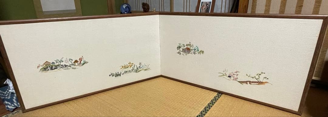 枕屏風　衝立 仕切り 刺繍 アンティーク 骨董