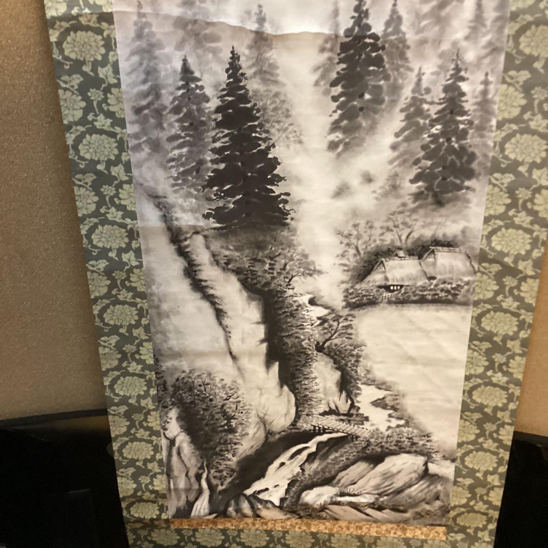 川合玉堂　破墨山水図　【山村風景図】肉筆画　紙本掛軸　落款有　模写　NO33