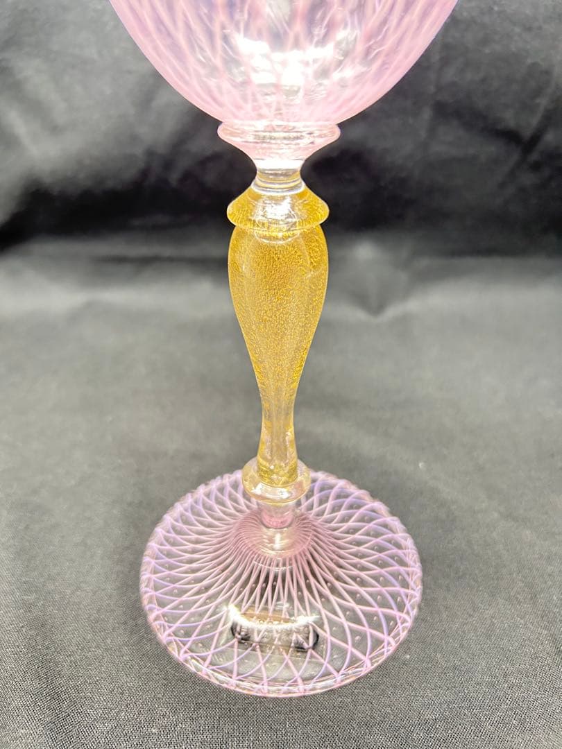 ベネチアングラスSeguso製ピンクワイングラス レース模様ヴィンテージ品