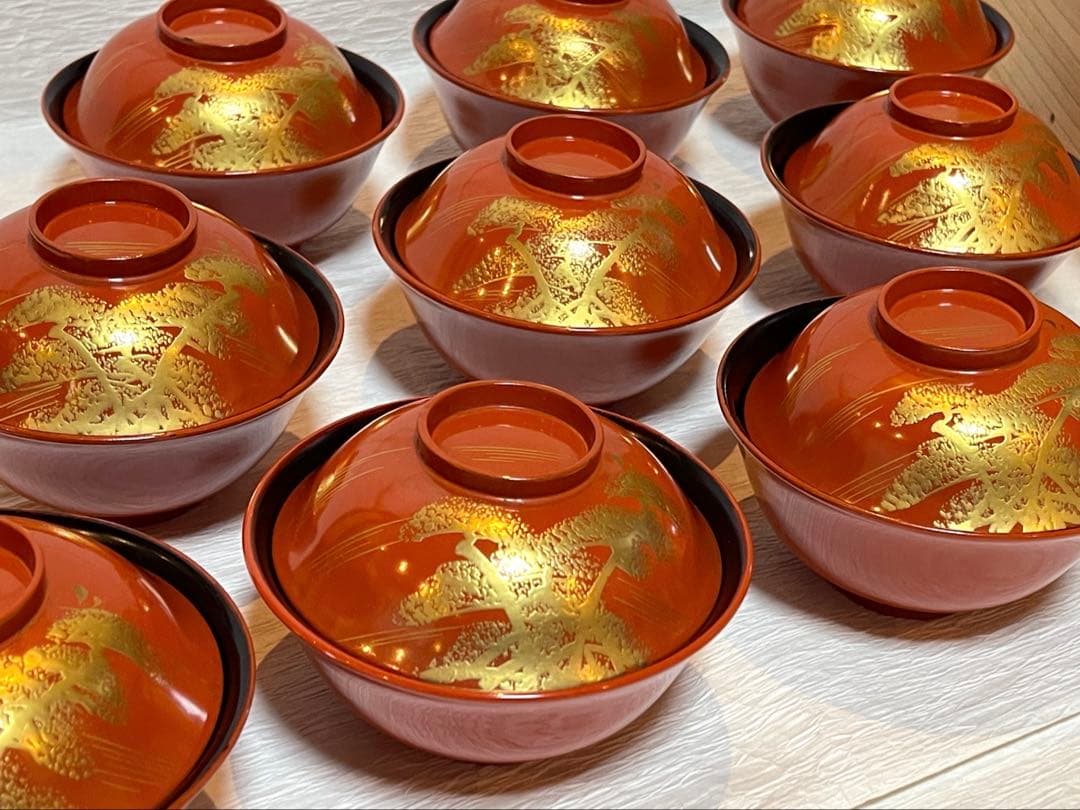 時代　漆器 吸物椀 10個セット 赤色 金蒔絵173
