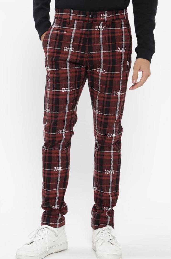 新品 パーリーゲイツ コットンストレッチカルゼチェックパンツ(7)サイズ3L/茶