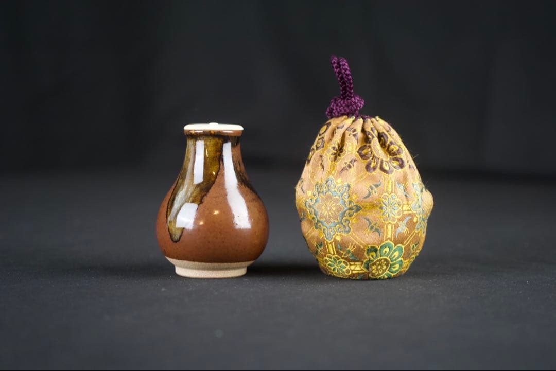 【茶道具】膳所焼 淡海ぜぜ 陽炎園 鶴首? 茶入 仕覆付 共箱