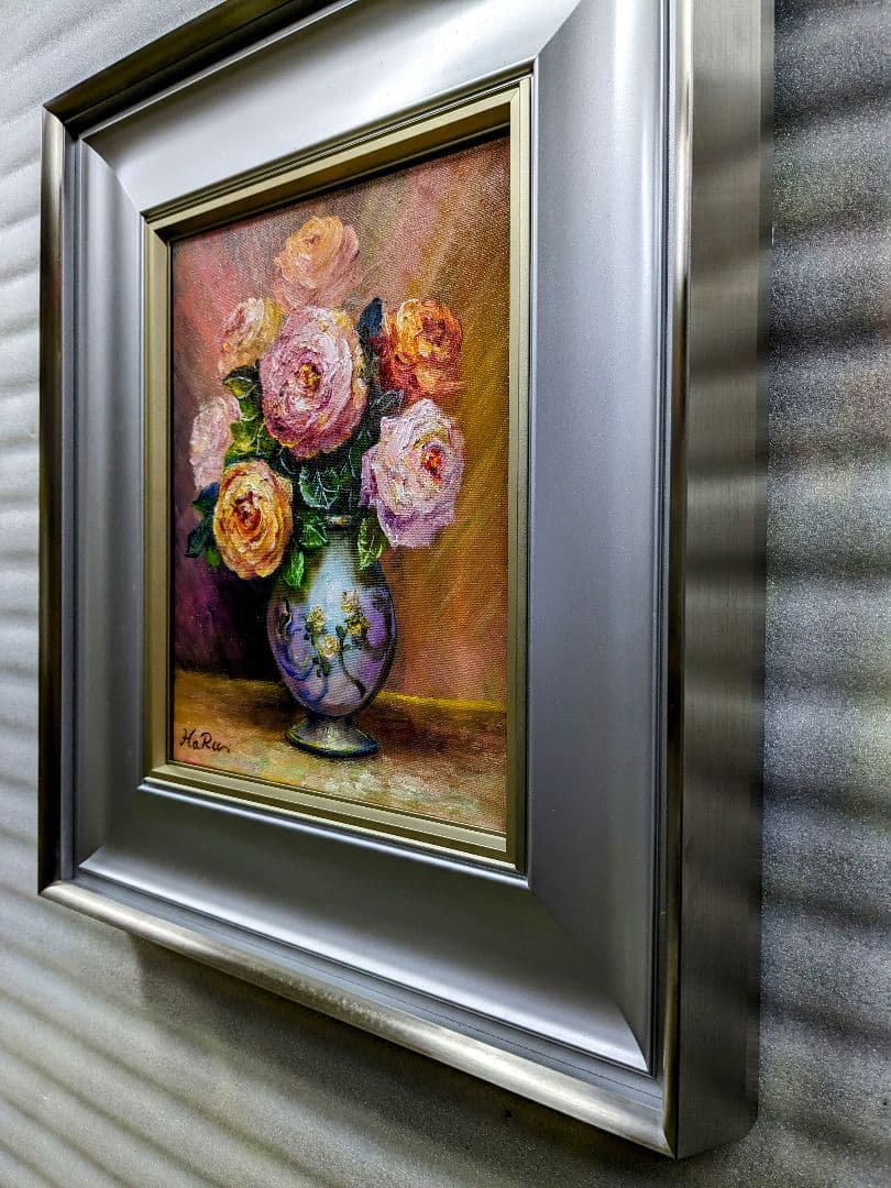 画家haru☆油彩画F３号☆薔薇☆真作☆原画★一点物★静物画。新品額縁付き☆