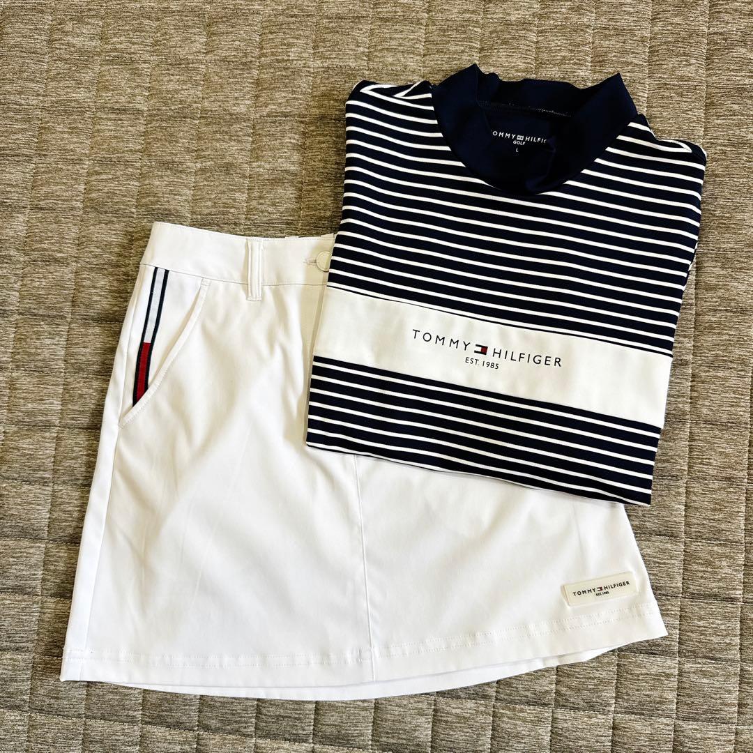  ストライプポロシャツとゴルフスカートセット