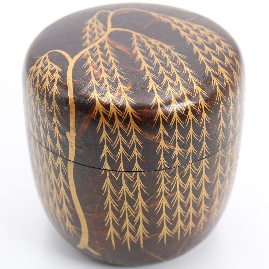 蒔絵師 筑城良斉作 柳蒔絵 中棗 和紙張 茶道具 共箱　V932　N7