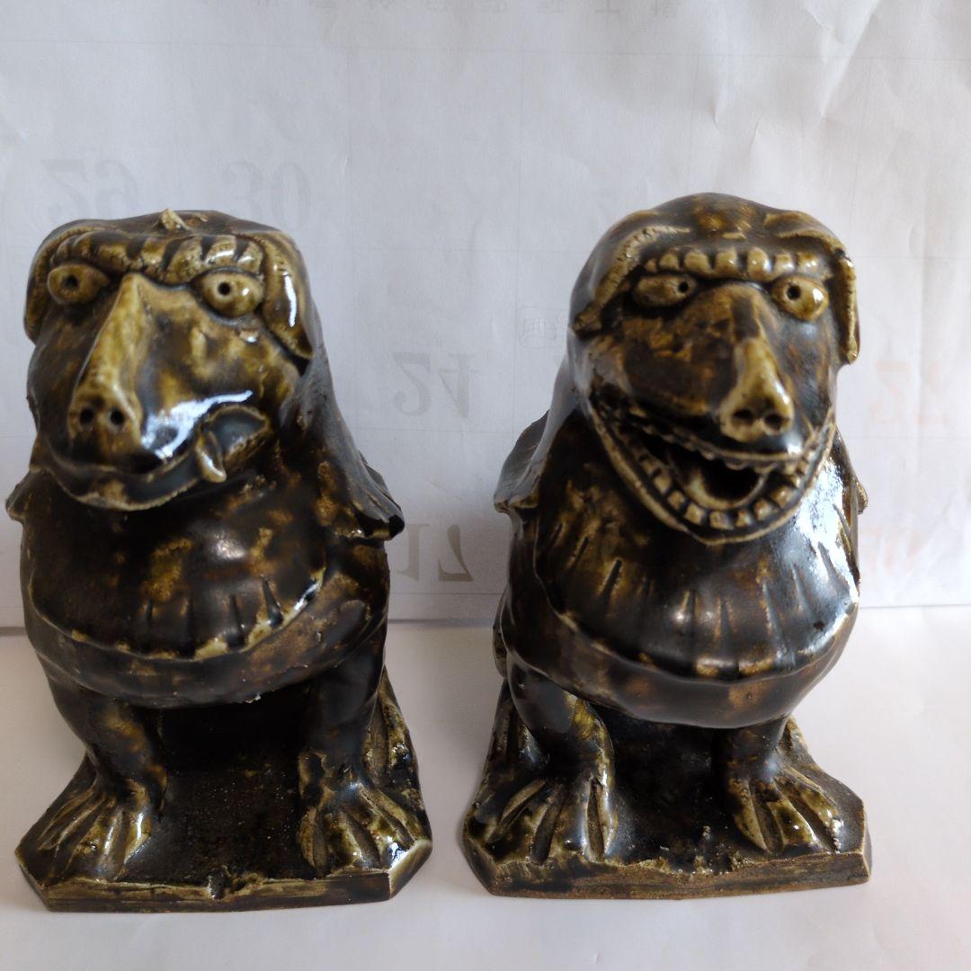 黒織部 　狛犬　阿吽像 　一対　骨董