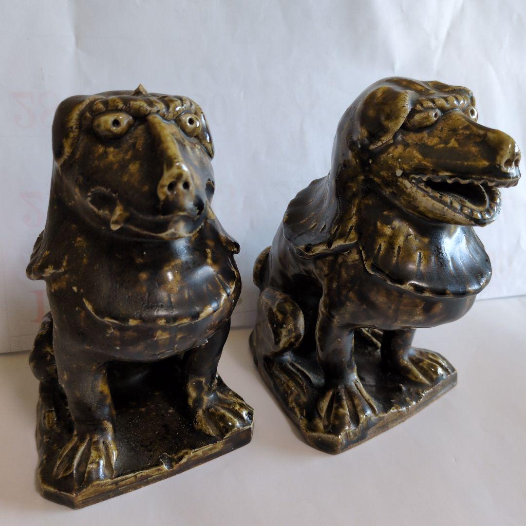 黒織部 　狛犬　阿吽像 　一対　骨董