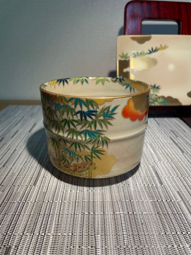 127桑野むつ子 京都 御所の花十二ヶ月【1月 河竹】抹茶椀・和陶皿 しおり付