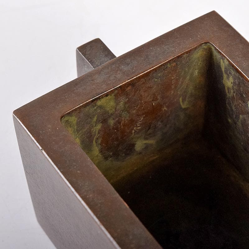 中国　大明宣徳年製　古銅　四方双耳香炉　馬槽爐　V　7933E