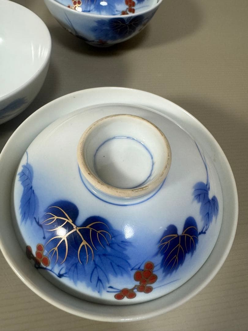 2211  有田焼 芳祥堂特製　葡萄瑠璃　蓋茶碗　5客