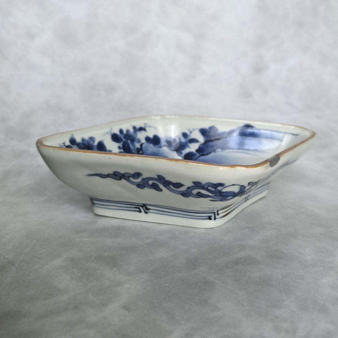 古伊万里　染付　隅入菱皿　小皿　江戸時代　金直し　金継ぎ　骨董　アンティーク