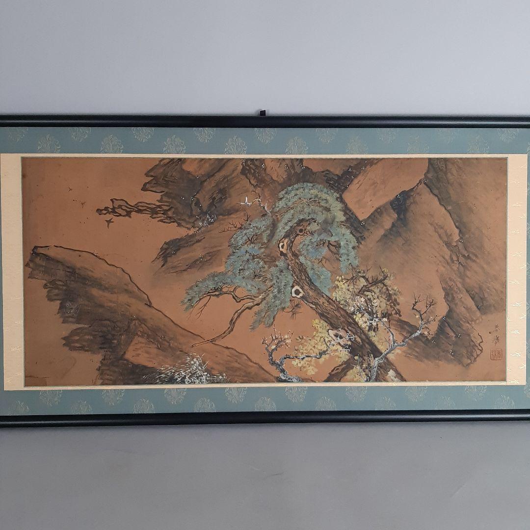 No4613 扁額装　春擧　松梅図　肉筆紙本　紙箱入り　日本画　古美術　送料無料