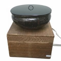 鑑賞茶器！【水指　変形口　漆器蓋専用作　流れ釉　骨董木箱・E32 】茶道具　収集