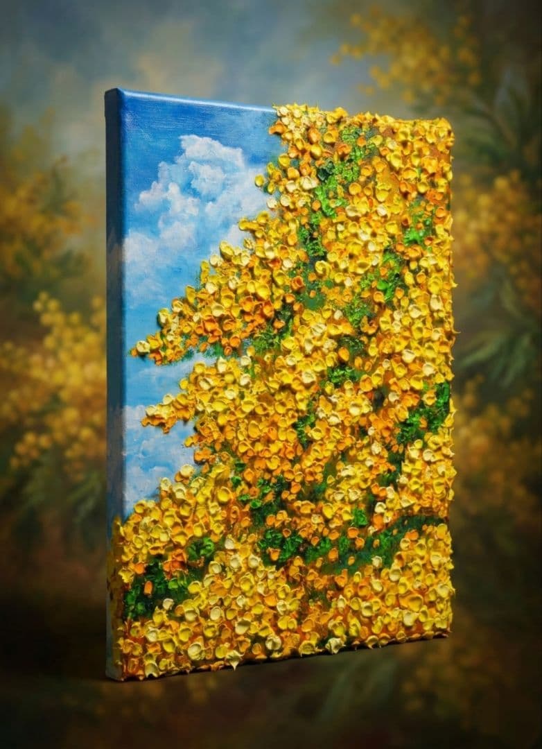 油絵 油彩 油彩画 絵 絵画【青空のミモザ】F4号