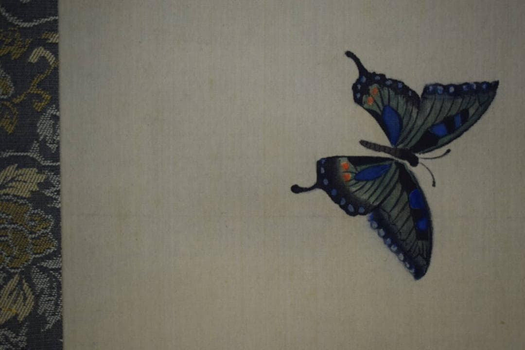 複製/盤雨/玉堂富貴/薔薇に蝶図/花鳥/花/工芸/布袋屋掛軸A-152