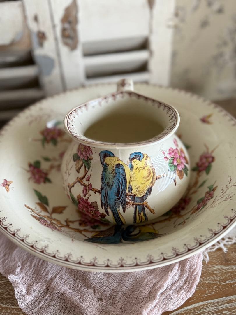 フランスアンティーク陶器リュネビィル激レアMeangeピッチャーとベイスン美品