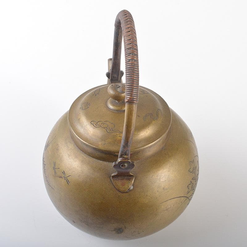 煎茶道具　銅製　彫金花文　湯沸し　水次　薬缶　D　R6514