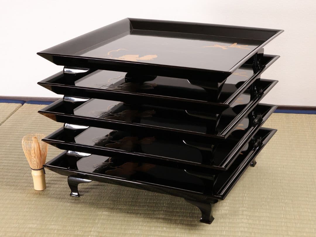 一富士二鷹三茄子 金蒔絵 黒塗四方膳 足付 五客 35cm 木製漆器【CM389