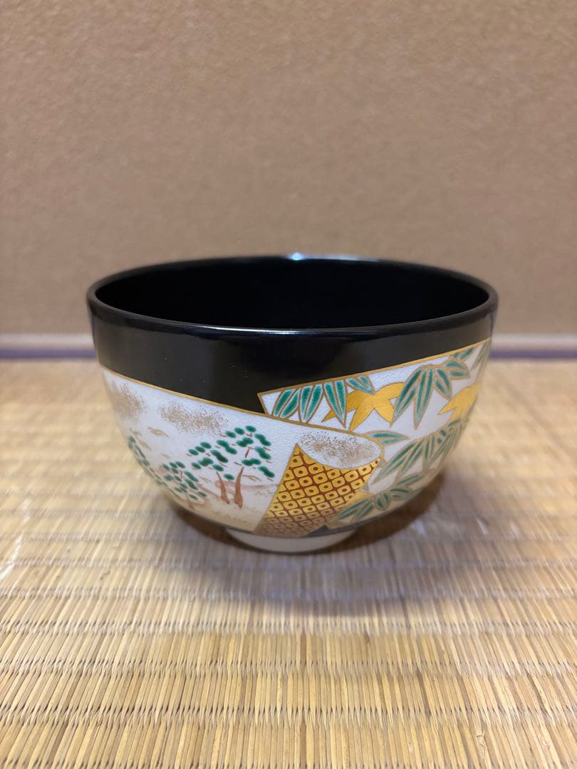 八代　高橋道八　黒釉扇面紙　茶碗　茶道具　京焼　色絵　美品