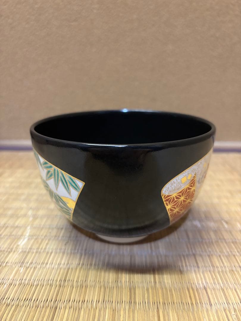 八代　高橋道八　黒釉扇面紙　茶碗　茶道具　京焼　色絵　美品