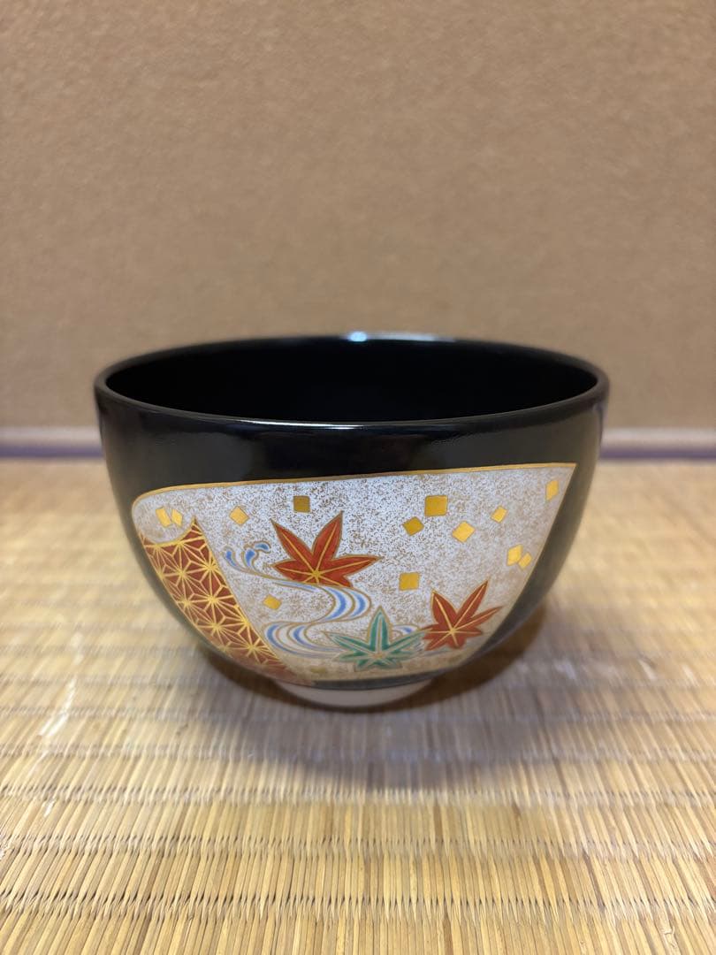 八代　高橋道八　黒釉扇面紙　茶碗　茶道具　京焼　色絵　美品