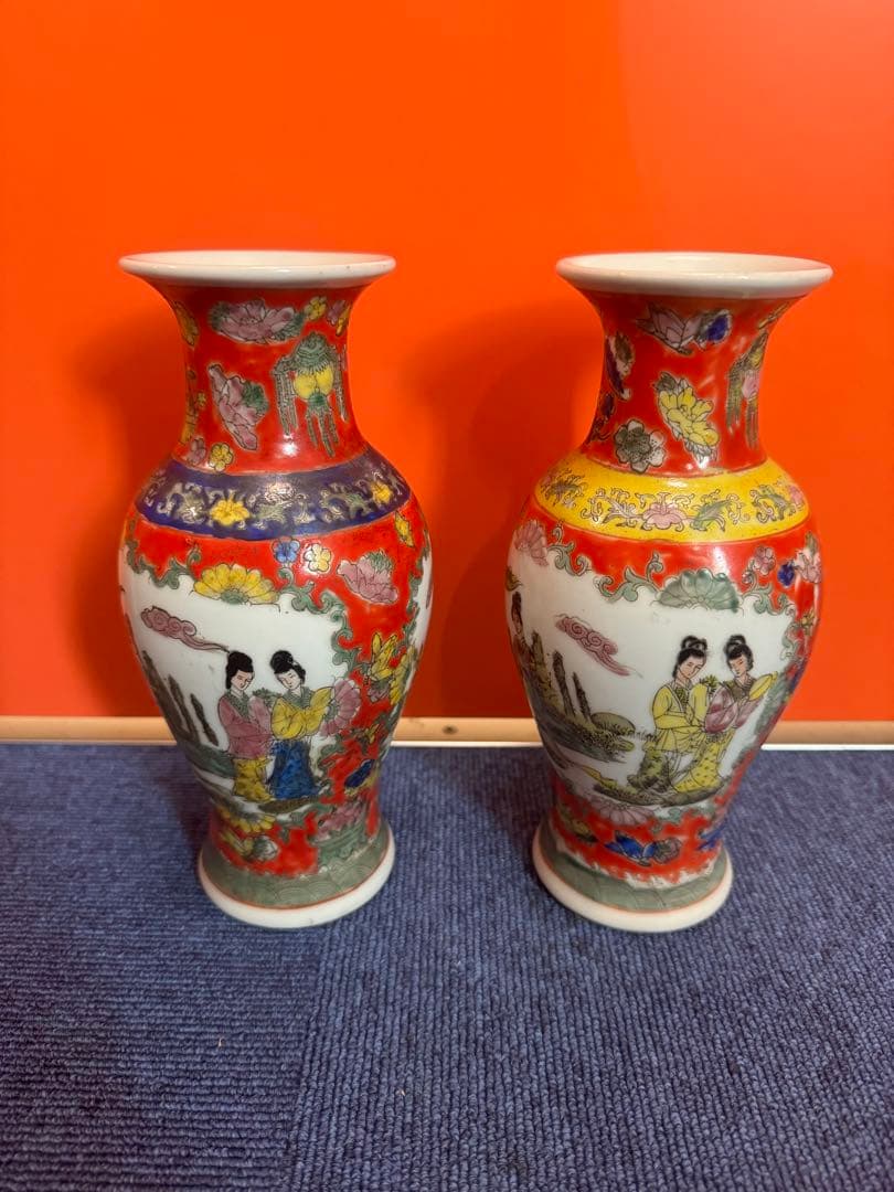 1596 中国骨董　花瓶2客　ペア