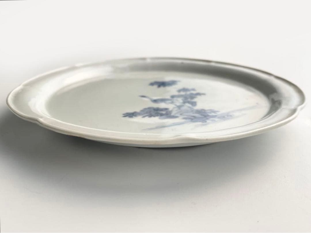 骨董　アンティーク　藍柿右衛門　染付　花鳥文　輪花七寸皿　白磁　古伊万里　藍九谷