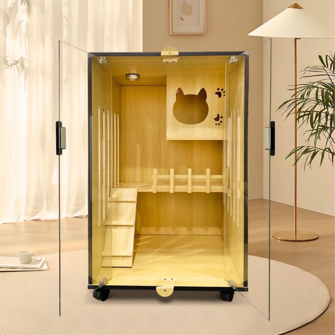 猫 高級 ケージ 2段 木製 小さめ 3階建て キャットケージ　ペットケージ