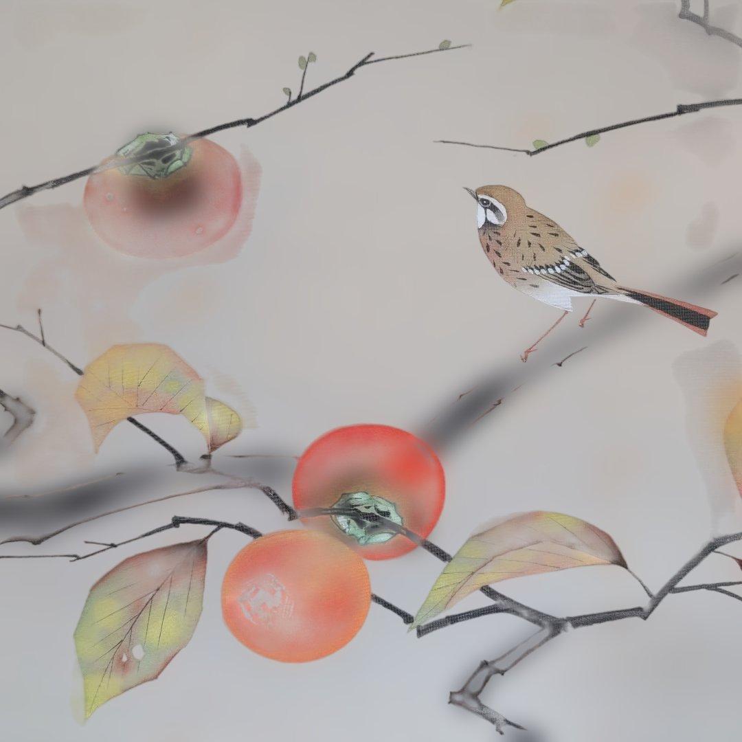 掛軸 『柿』辻青花作　果物と鳥の絵　大型