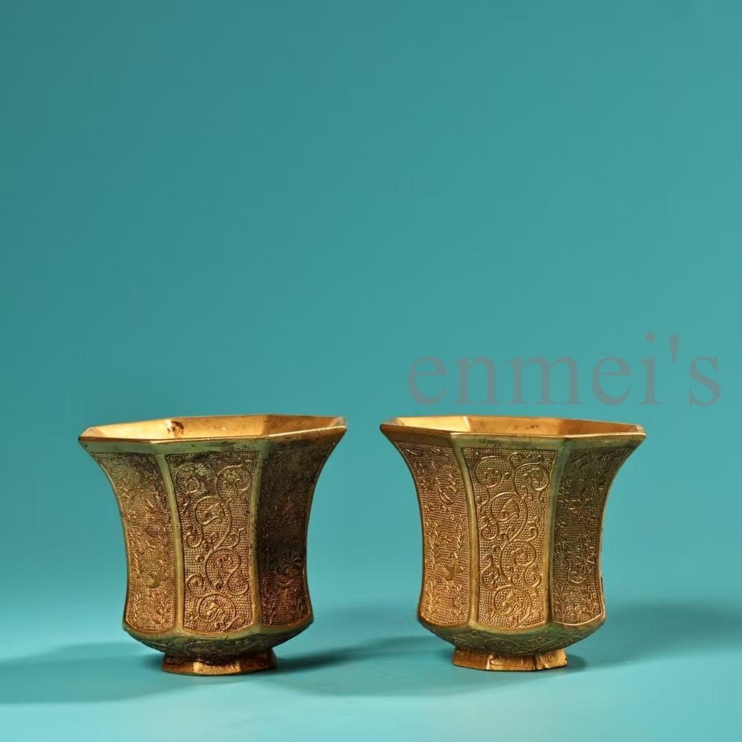 中国古美術・珍蔵純銅製・鎏金・錾花彫刻・八角彫刻酒杯セット・茶道具・風水置物
