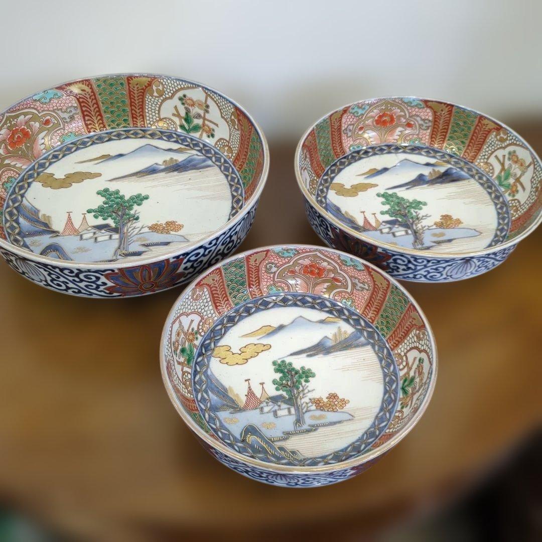 骨董　古伊万里　染錦　三っ丼　大中小　3つ　美品　鉢　器　錦出