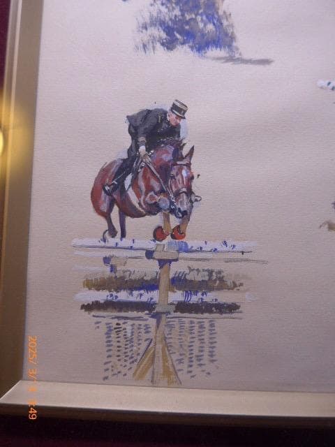 肉筆　フランスで著名な挿絵画家　ラモットの、乗馬のグアッシュ画です。緻密な絵です
