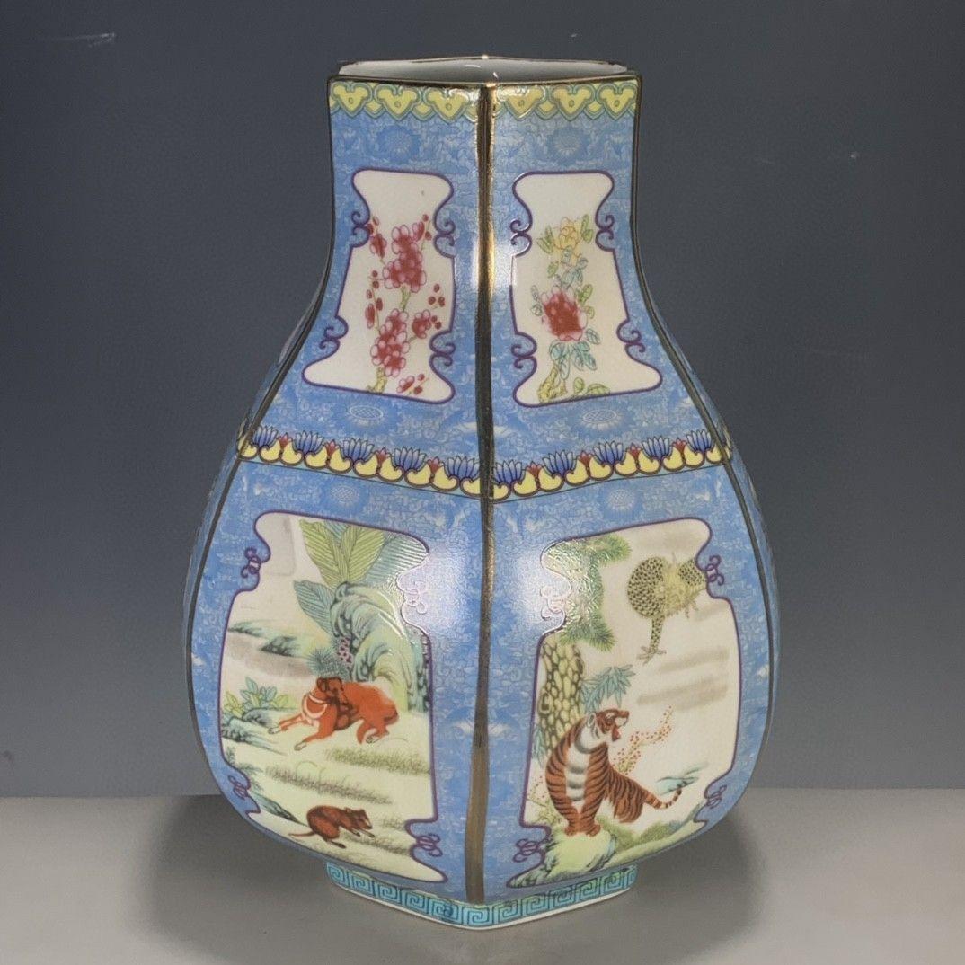 清代パステル蒔絵十二支六角尊瓶 景徳鎮 陶磁器 装飾品 現代工芸品美術品 置物