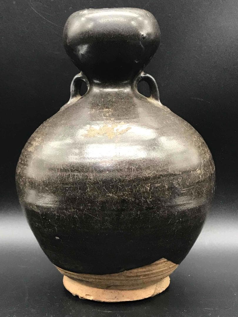 中国古美術　唐時代　耀州窯 瓢箪瓶　双耳瓶　磁州窯　黒釉　酒瓶　壺(A-29)