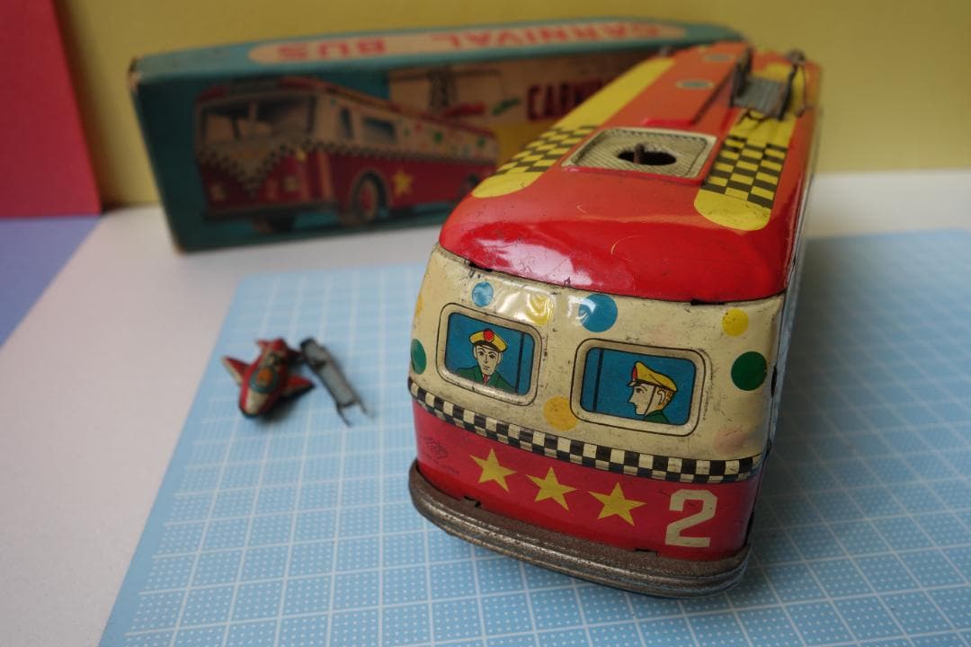 昭和レトロ　アオシン製　カーニバルバス　部品欠品　箱有　当時物　ブリキのおもちゃ