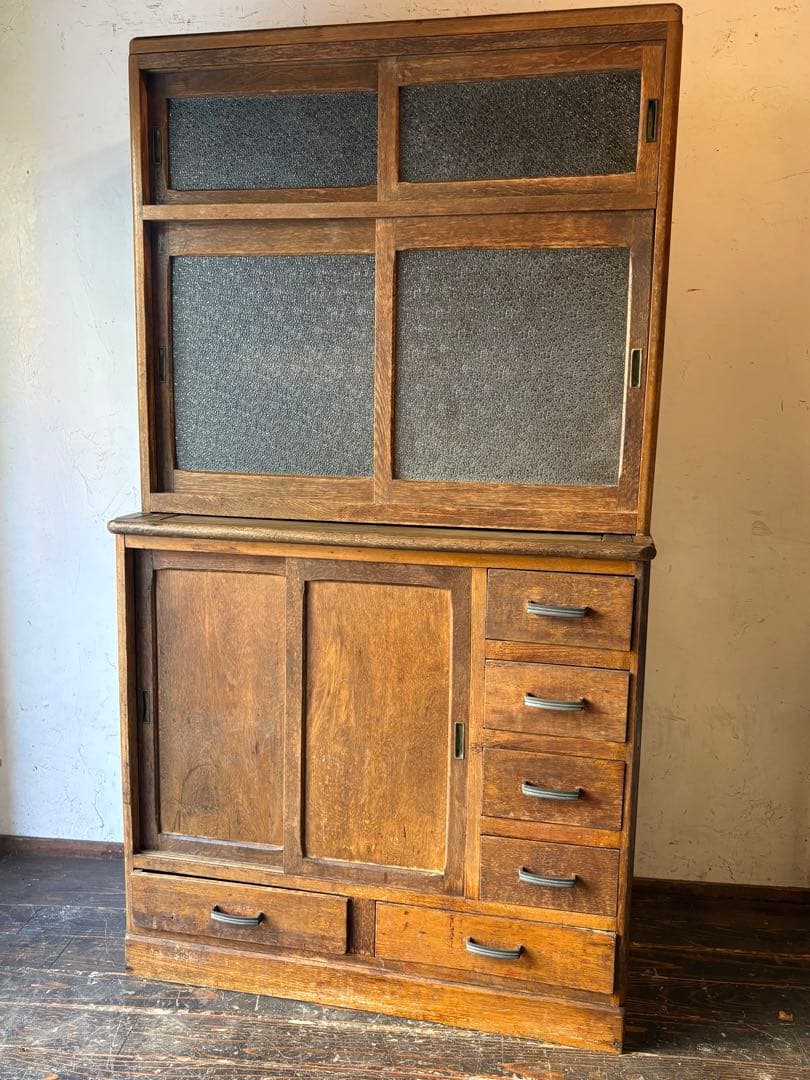 ダイヤガラス 作業台付き　レトロ 木製 キャビネット 水屋 食器棚 アンティーク