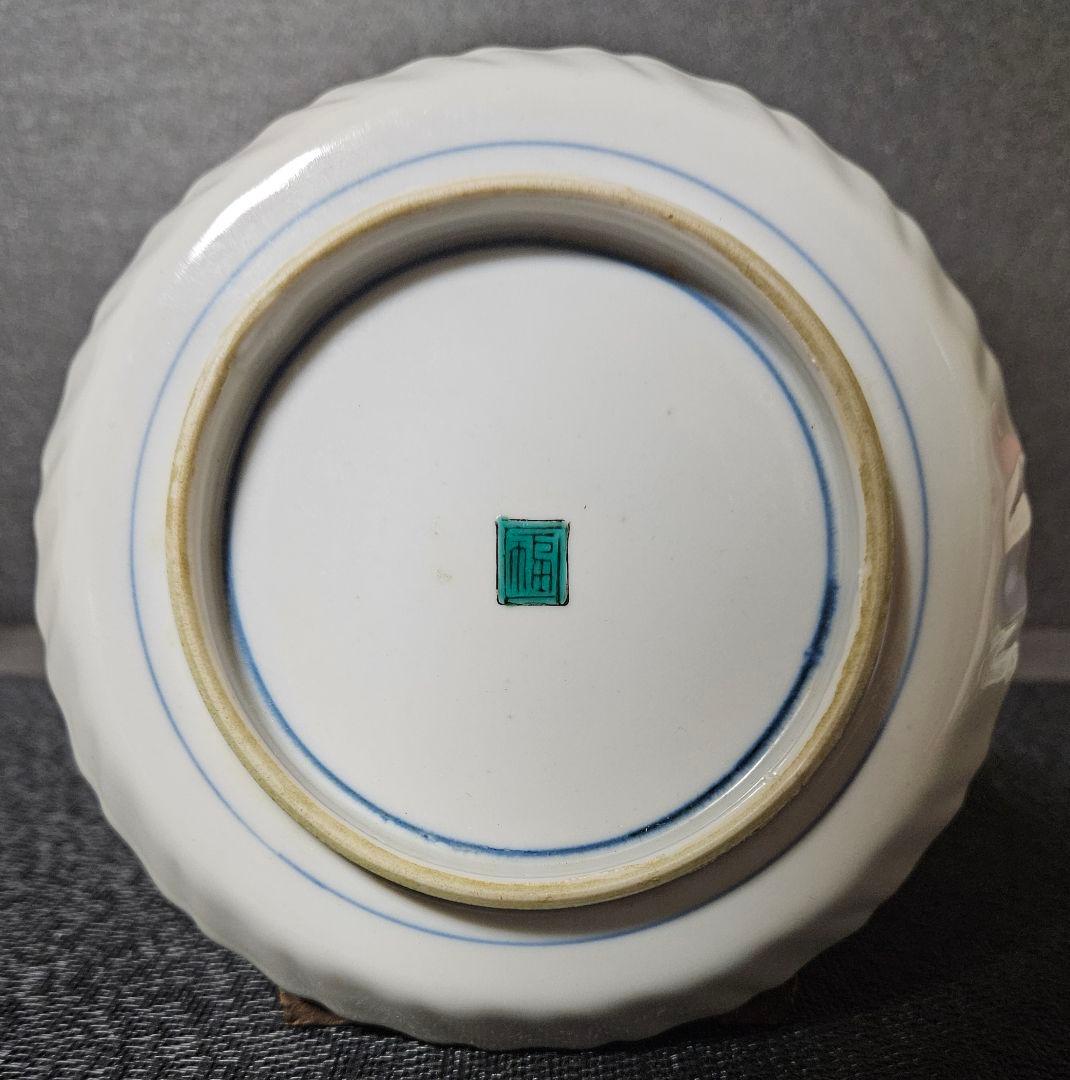 江戸時代末期～明治時代　古九谷　色絵　木の実に鳥の図　【二重角福】　紅縁輪花皿