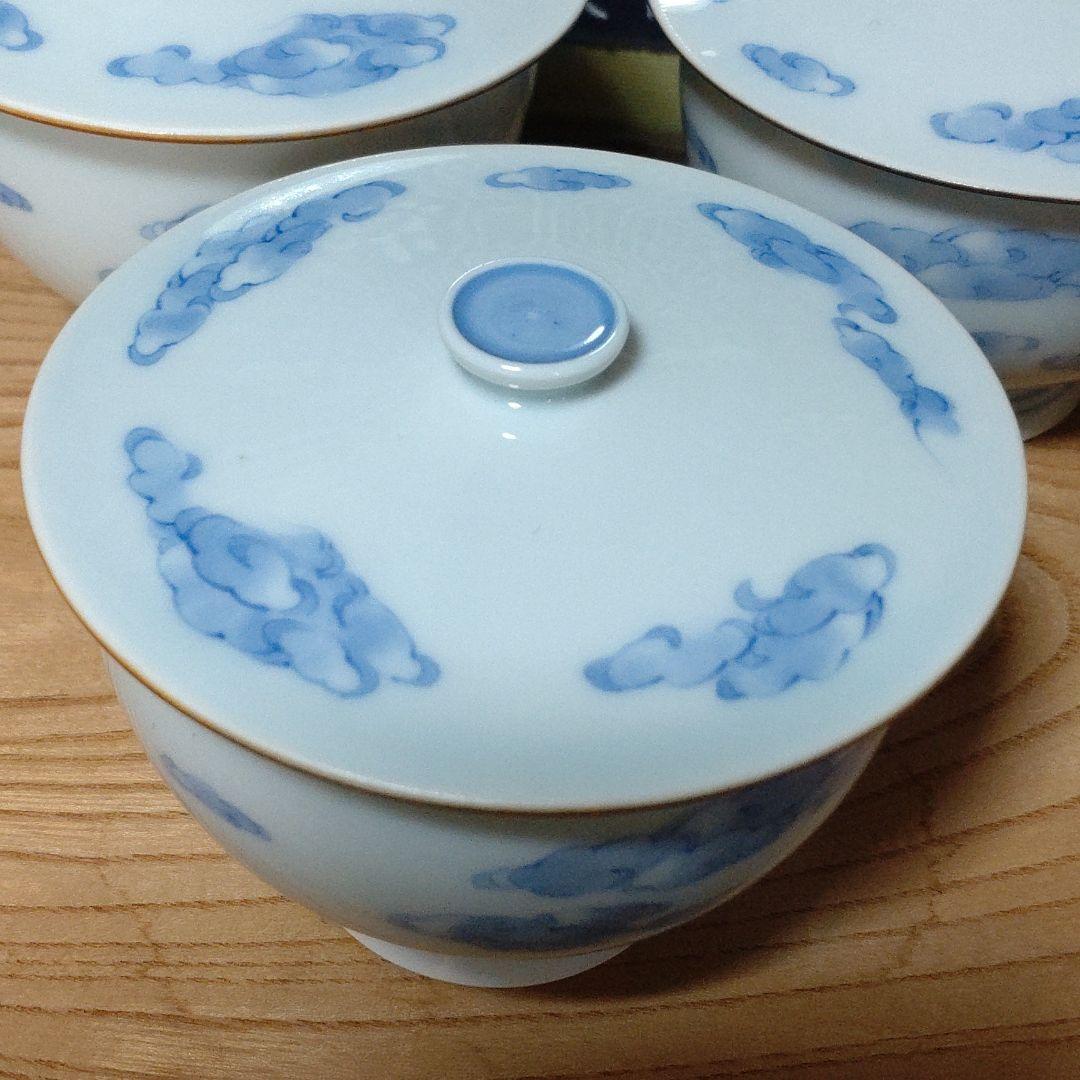 宮中御用命　染付瑞雲文蓋付汲出碗　5客揃い