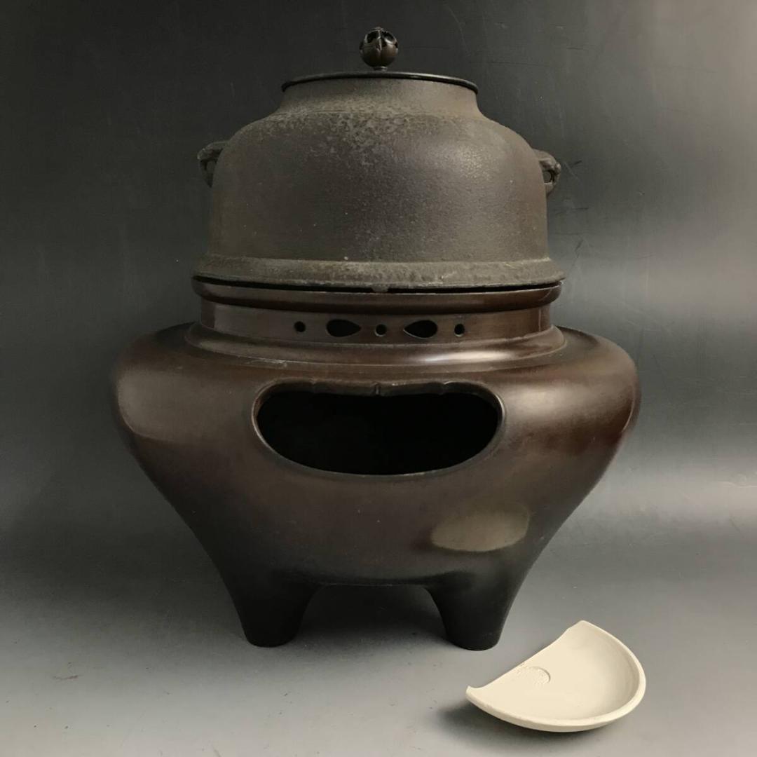 鬼面風炉 風炉師/市ノ瀬宗定 唐銅 鉄釜/銘無し 朝鮮風炉釜 真鍮蓋