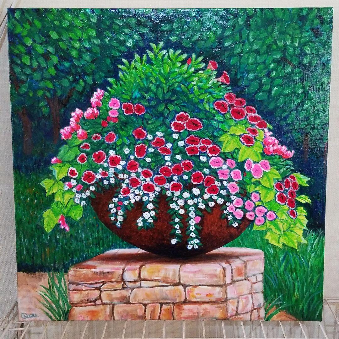 油絵　専用　ペチュニアが咲く寄せ植え　大キャンバス