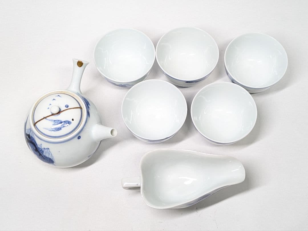 三浦竹泉 作 染付 山水文 煎茶器(煎茶碗 五客・急須・湯冷まし)