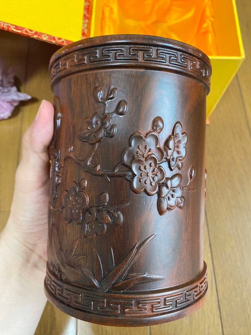 中国　骨董　紅木芝木精品　花瓶　梅　鳥