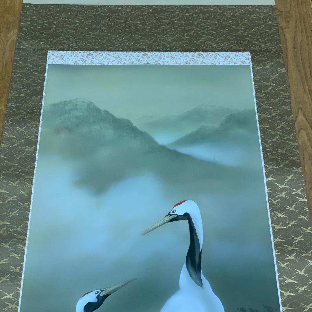 掛軸　双鶴　広森耕仁　箱付き　落款印有　状態良好　日本画　古道具　茶道具